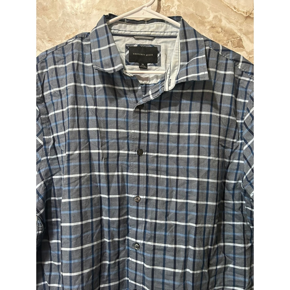 Geoffrey Beene Mens XL Blue Grey Plaid Long Sleeve Button Down Shirt